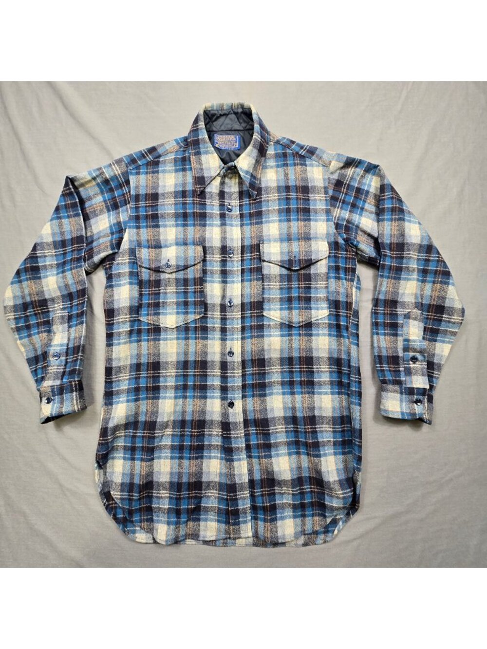 Vintage Pendleton Mens Size 15 Medium Shirt Blue Plaid Virgin Wool Made In USA